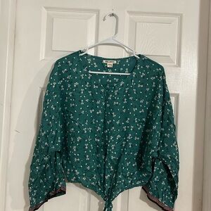 Billabong Green 3/4 Sleeve Tie Front Blouse Sz S
